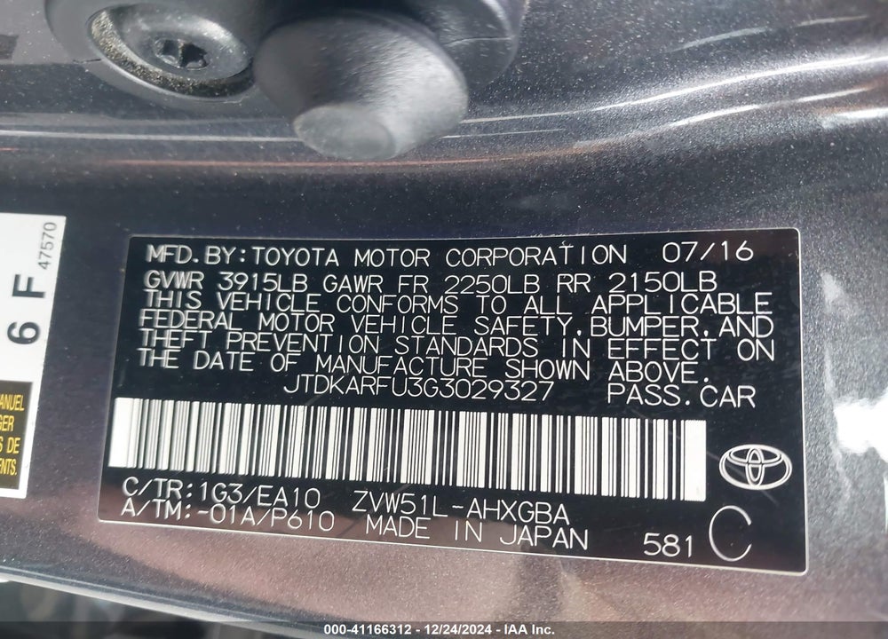 2016 TOYOTA PRIUS VIN: JTDKARFU3G3029327