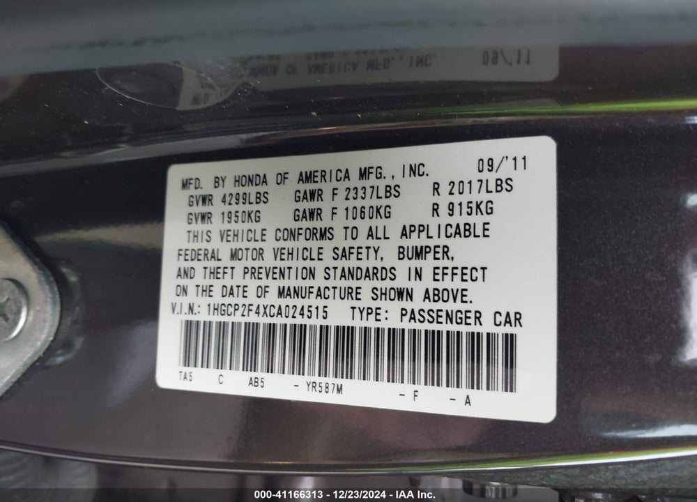 2012 HONDA ACCORD SDN LX PREMIUM VIN: 1HGCP2F4XCA024515