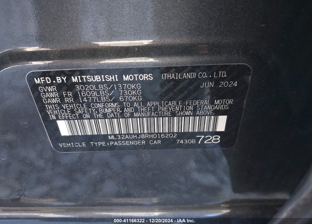 2024 MITSUBISHI MIRAGE ES/LE VIN: ML32AUHJ8RH016202
