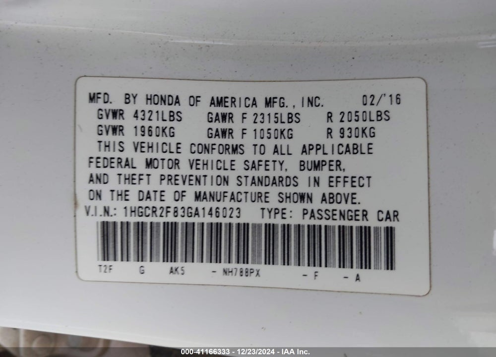 2016 HONDA ACCORD VIN: 1HGCR2F83GA146023