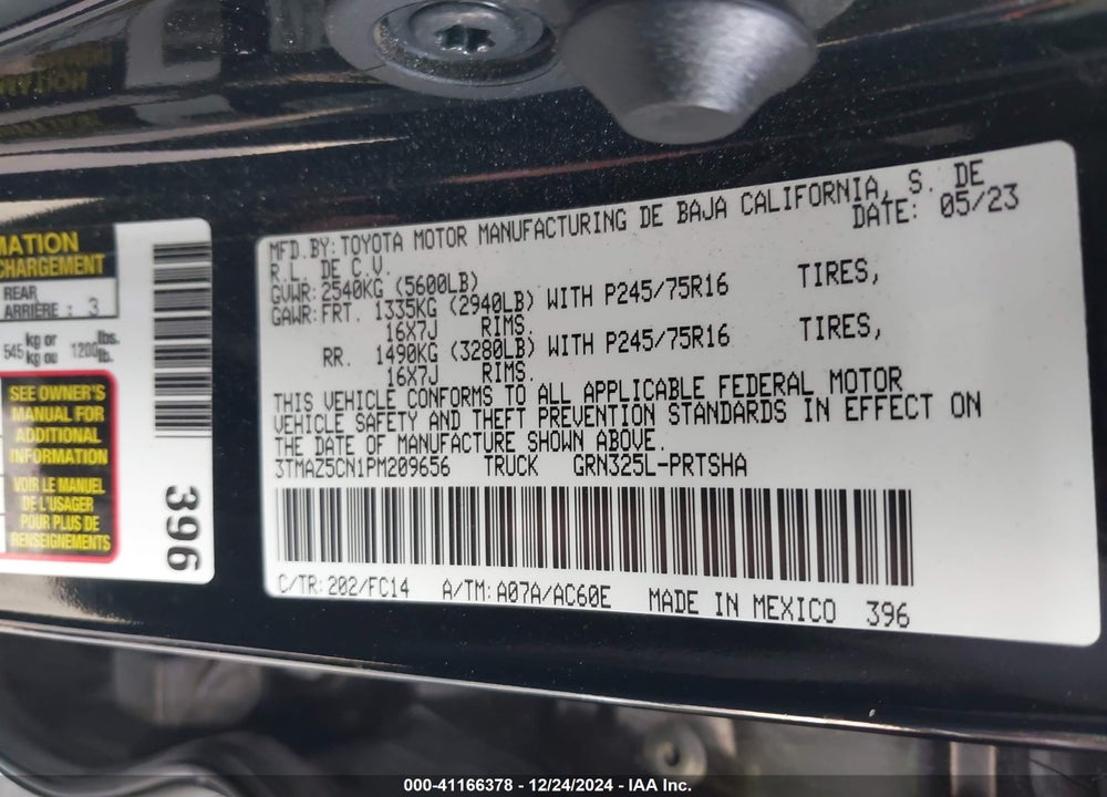 2023 TOYOTA TACOMA VIN: 3TMAZ5CN1PM209656
