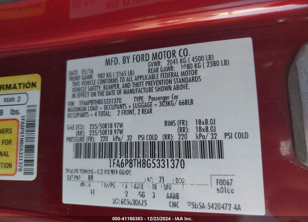 2016 FORD MUSTANG ECOBOOST VIN: 1FA6P8TH8G5331370