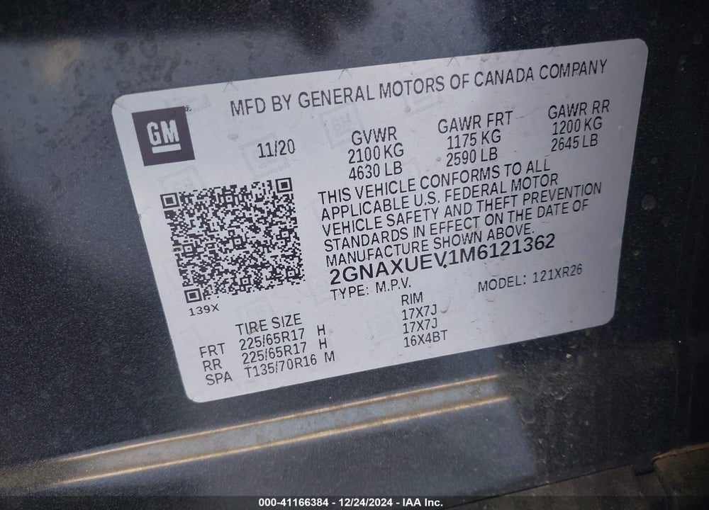 2021 CHEVROLET EQUINOX AWD LT VIN: 2GNAXUEV1M6121362