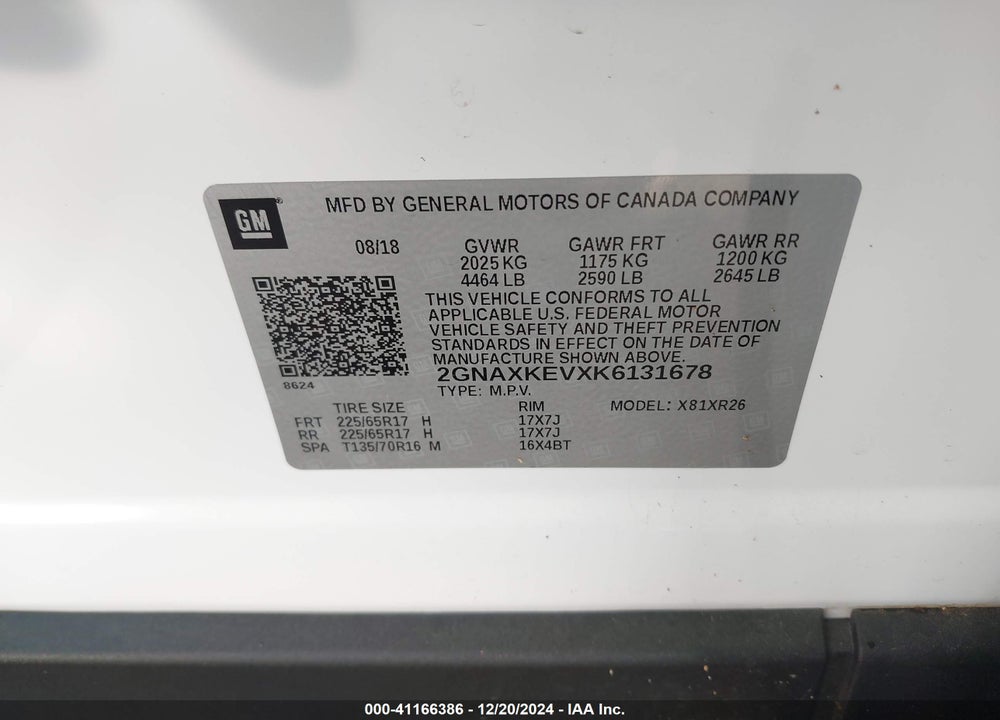 2019 CHEVROLET EQUINOX LT VIN: 2GNAXKEVXK6131678