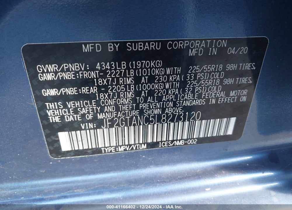 2020 SUBARU CROSSTREK LIMITED VIN: JF2GTANC5L8273120