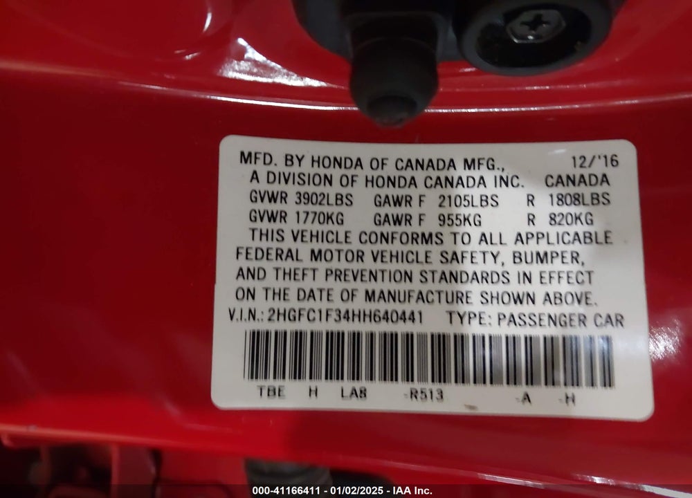 2017 HONDA CIVIC EX-T VIN: 2HGFC1F34HH640441