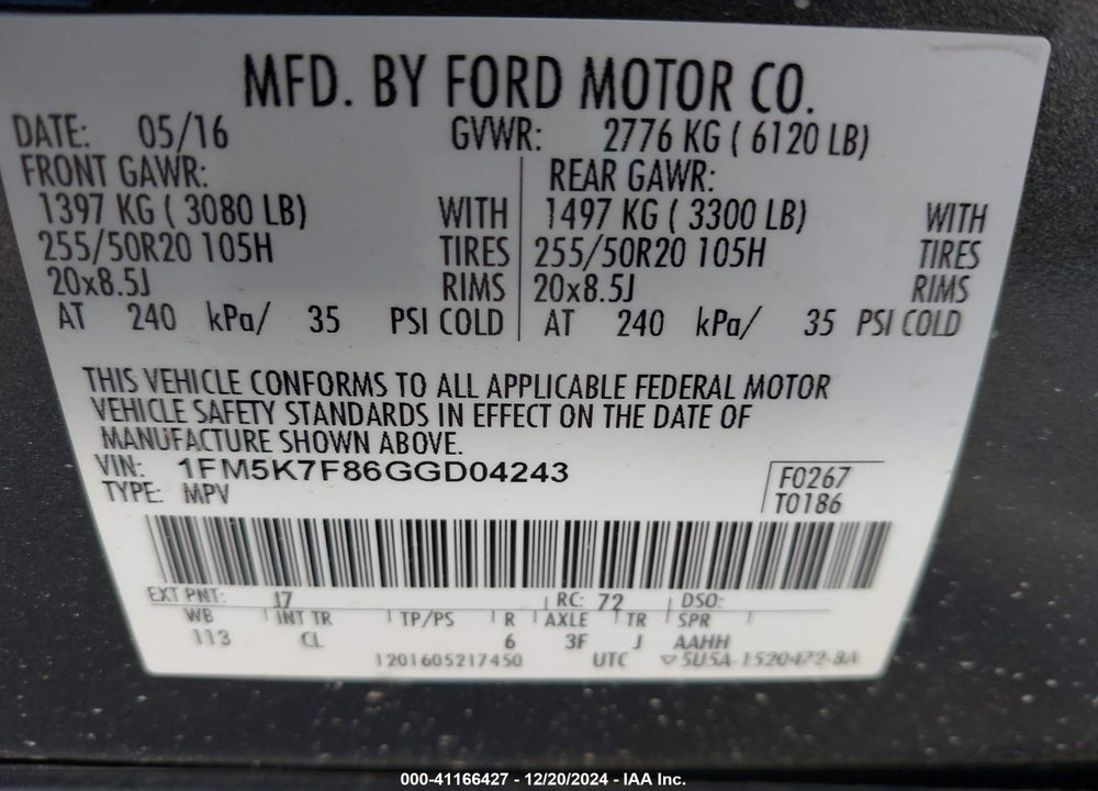 2016 FORD EXPLORER LIMITED VIN: 1FM5K7F86GGD04243