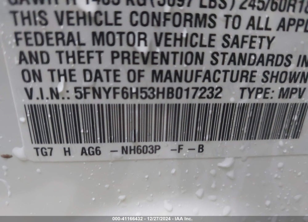 2017 HONDA PILOT EX-L VIN: 5FNYF6H53HB017232