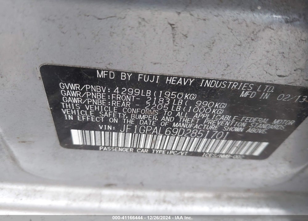 2013 SUBARU IMPREZA 2.0I SPORT PREMIUM VIN: JF1GPAL69D2851701