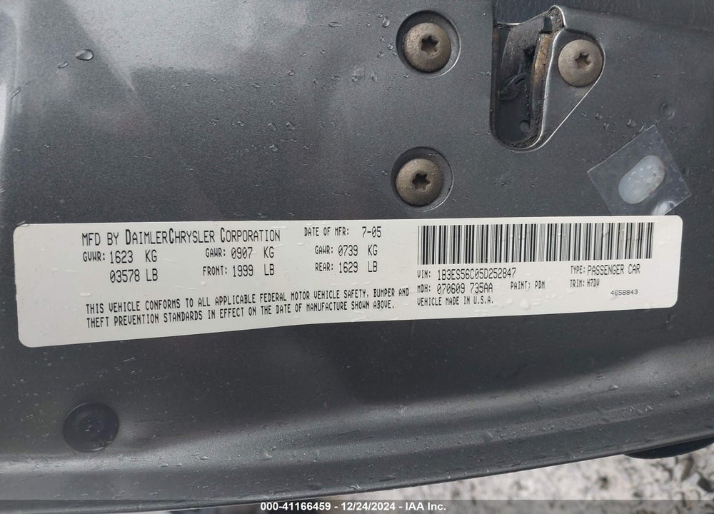 2005 DODGE NEON SXT VIN: 1B3ES56C05D252847