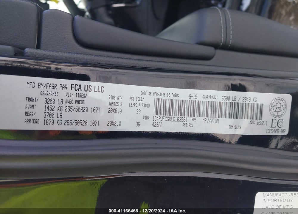 2020 JEEP GRAND CHEROKEE OVERLAND VIN: 1C4RJFCGXLC163581