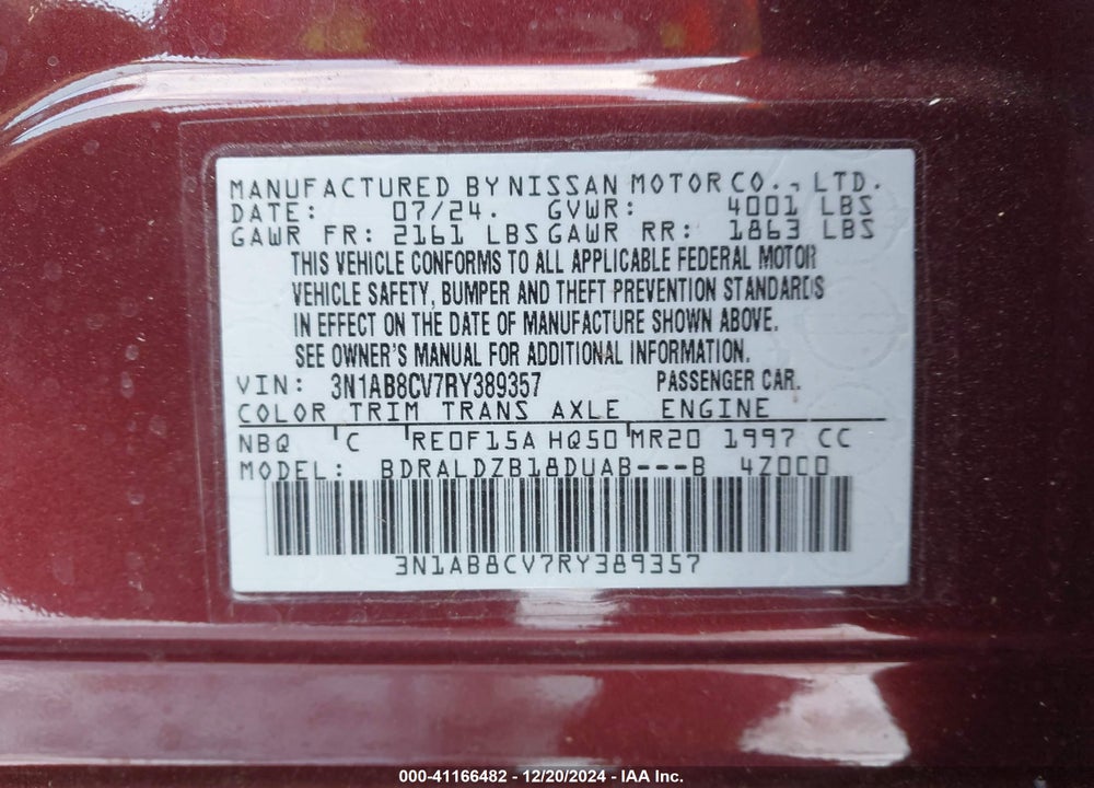 2024 NISSAN SENTRA VIN: 3N1AB8CV7RY389357