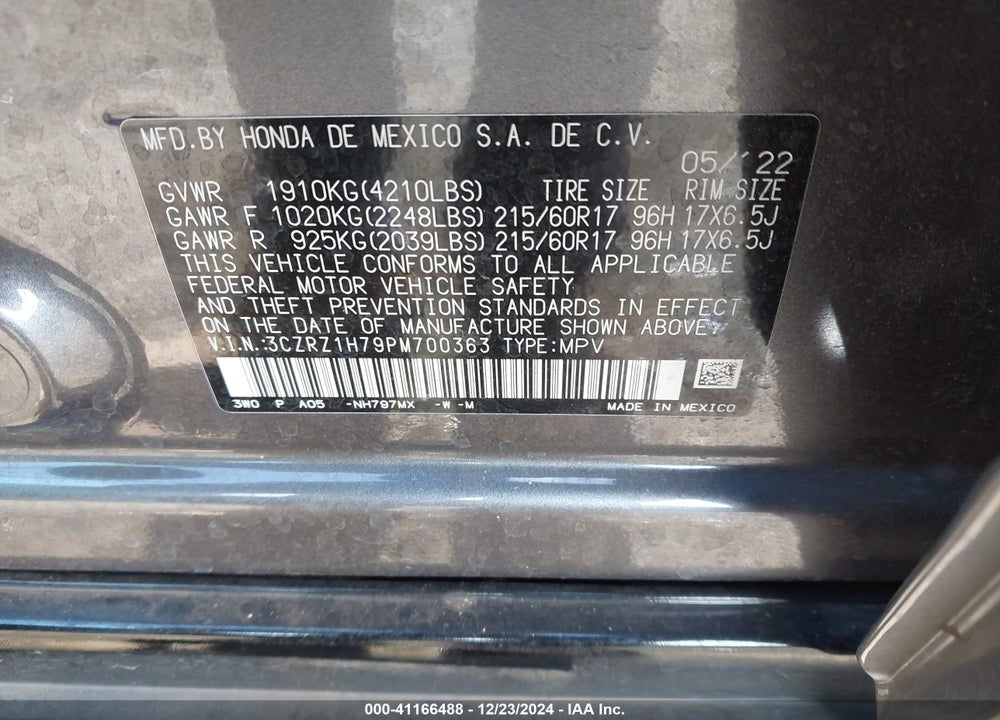 2023 HONDA HR-V VIN: 3CZRZ1H79PM700363