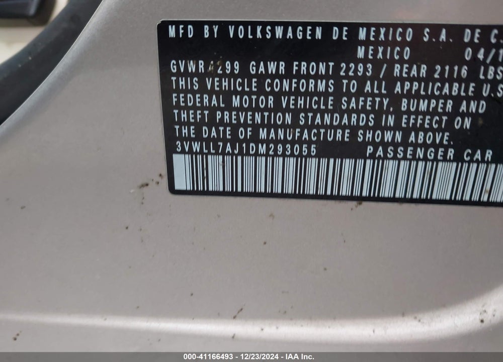 2013 VOLKSWAGEN JETTA VIN: 3VWLL7AJ1DM293055
