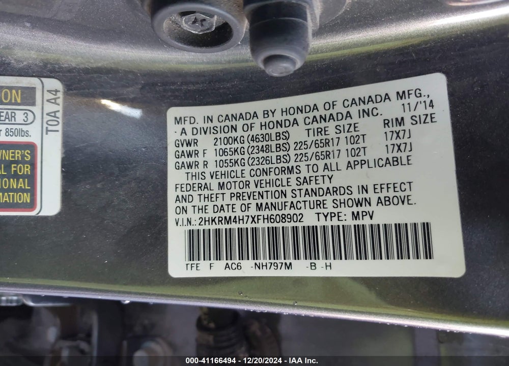 2015 HONDA CR-V EX-L VIN: 2HKRM4H7XFH608902