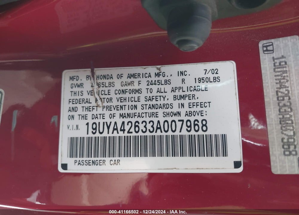 2003 ACURA CL 3.2 TYPE S AUTOMATIC VIN: 19UYA42633A007968