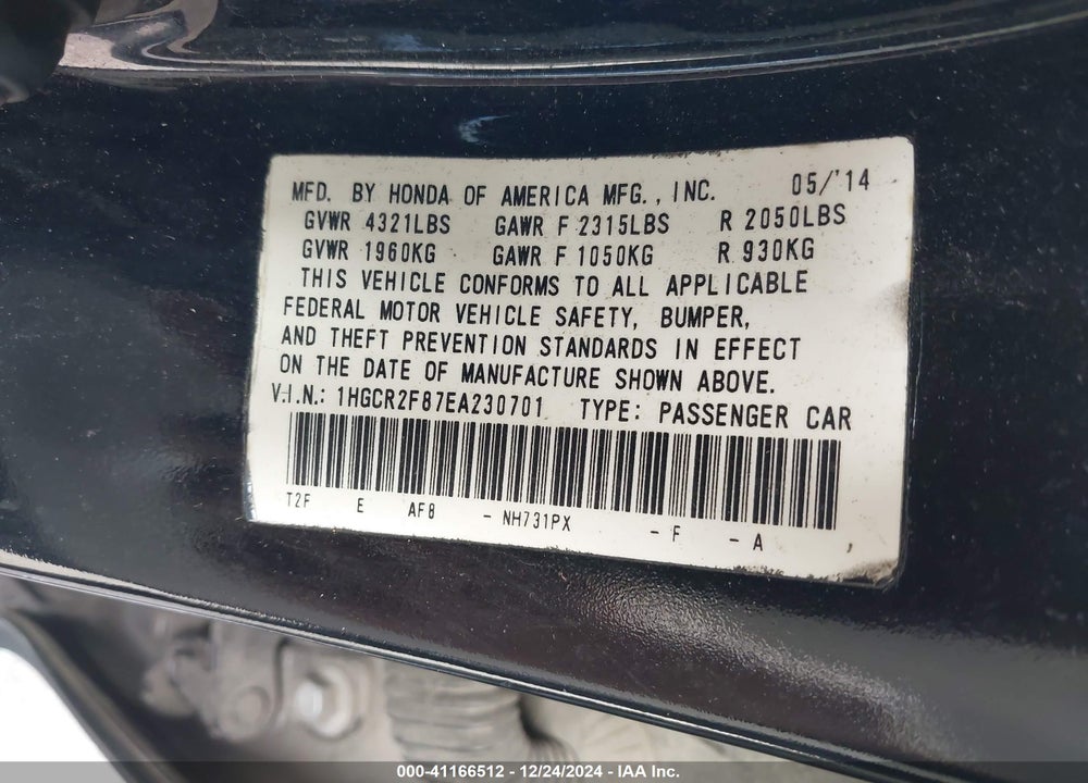 2014 HONDA ACCORD EX-L VIN: 1HGCR2F87EA230701
