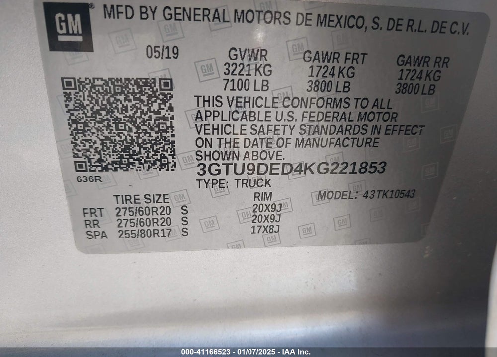 2019 GMC SIERRA 1500 SLT VIN: 3GTU9DED4KG221853