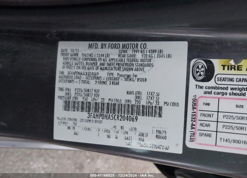 2012 FORD FUSION SE VIN: 3FAHP0HA5CR204069