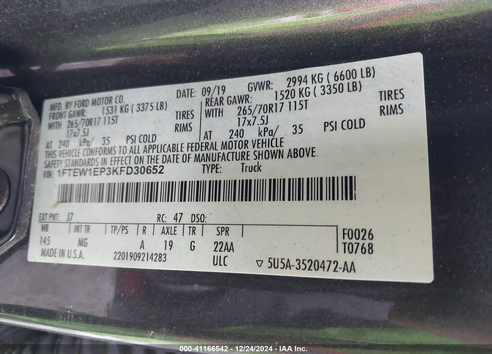 2019 FORD F-150 XLT VIN: 1FTEW1EP3KFD30652