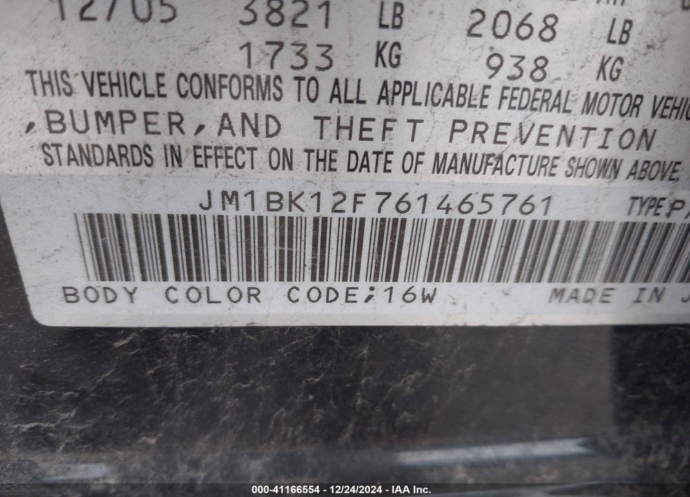 2006 MAZDA 3 I VIN: JM1BK12F761465761