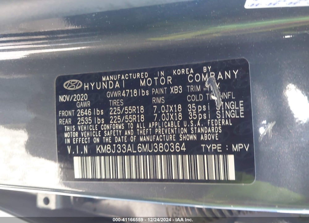 2021 HYUNDAI TUCSON SEL VIN: KM8J33AL6MU380364