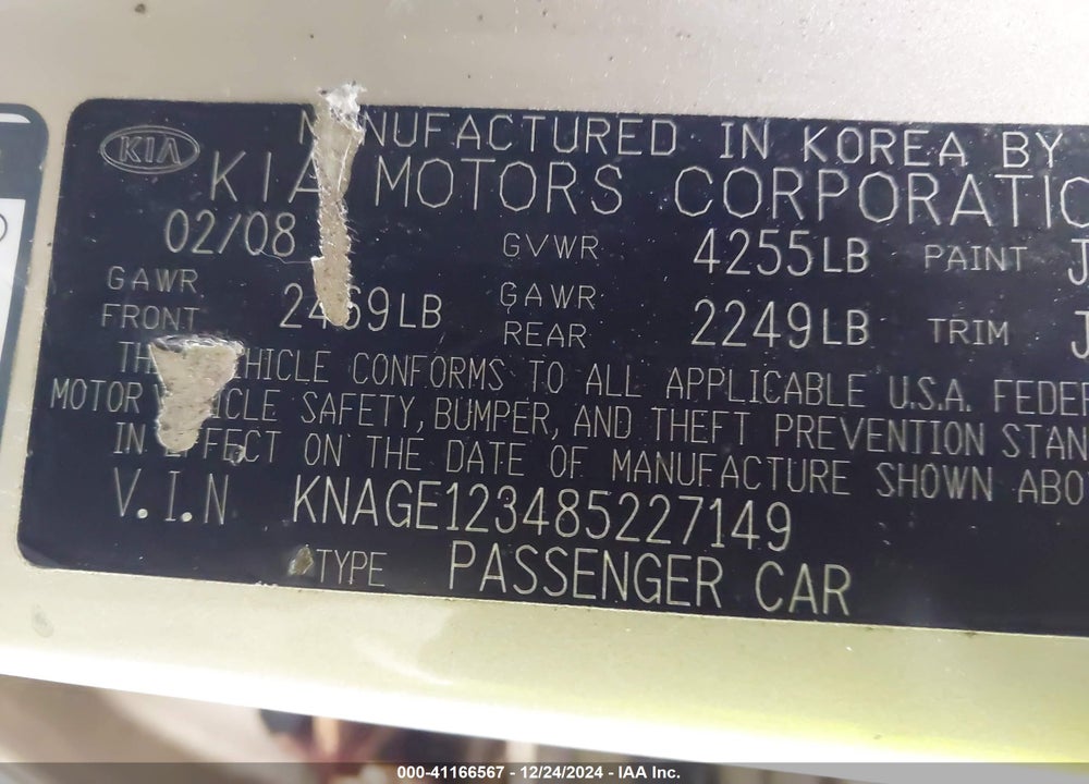 2008 KIA OPTIMA LX VIN: KNAGE123485227149