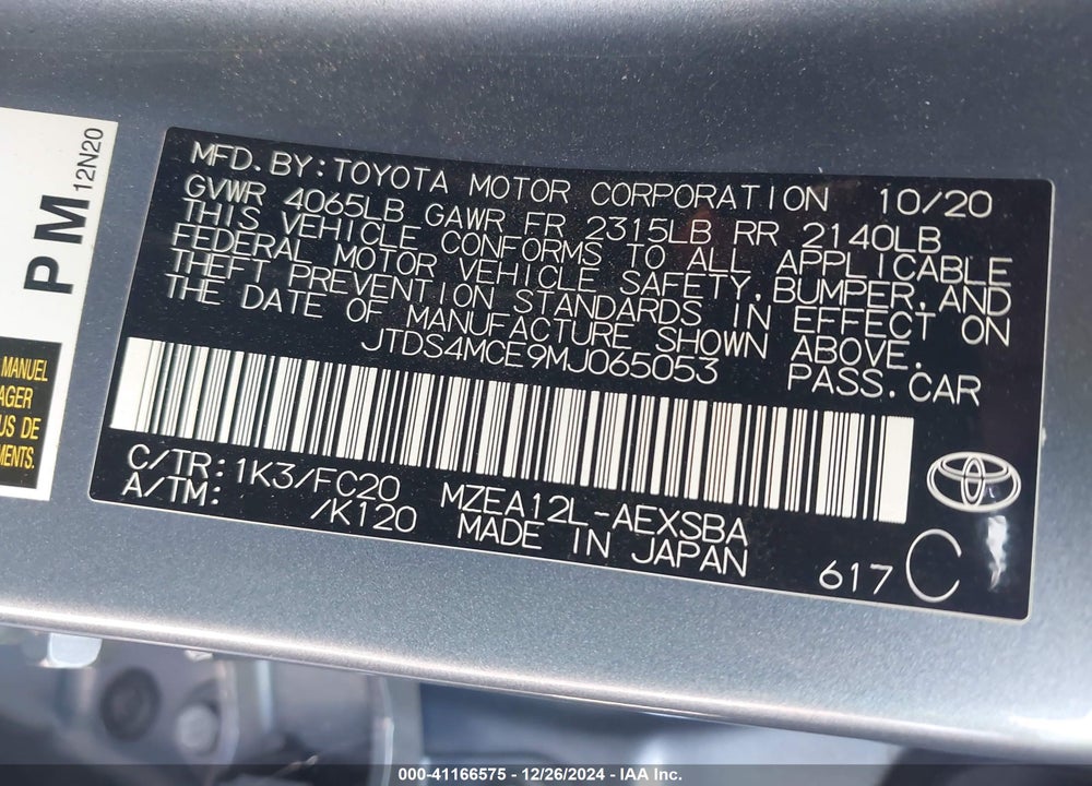 2021 TOYOTA COROLLA SE VIN: JTDS4MCE9MJ065053