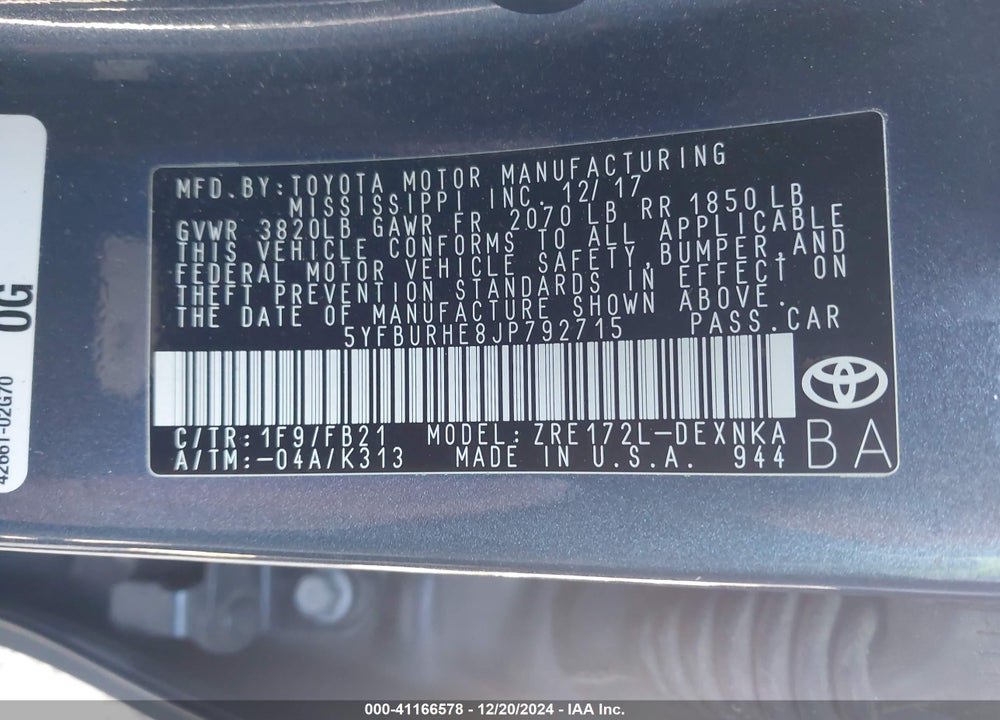 2018 TOYOTA COROLLA VIN: 5YFBURHE8JP792715