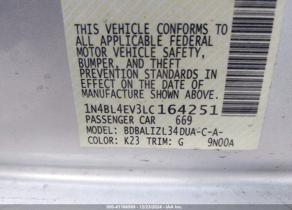 2020 NISSAN ALTIMA VIN: 1N4BL4EV3LC164251