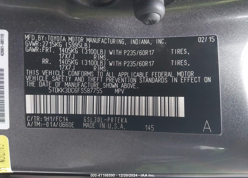 2015 TOYOTA SIENNA LE 8 PASSENGER VIN: 5TDKK3DC6FS587755