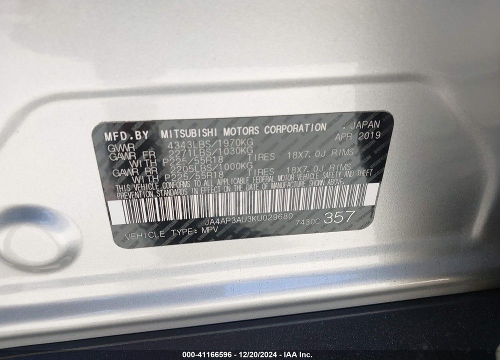 2019 MITSUBISHI OUTLANDER SPORT 2.0 ES VIN: JA4AP3AU3KU029680