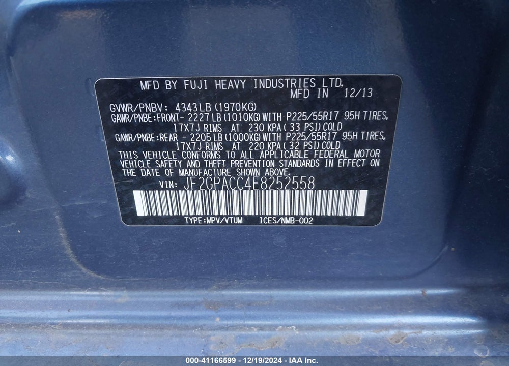 2014 SUBARU XV CROSSTREK 2.0I PREMIUM VIN: JF2GPACC4E8252558