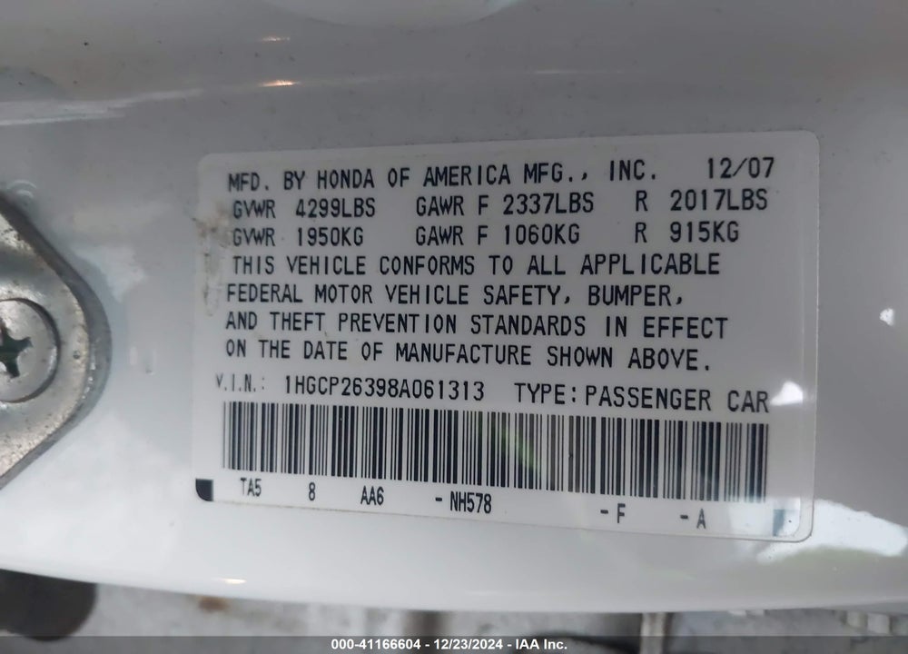 2008 HONDA ACCORD 2.4 LX VIN: 1HGCP26398A061313