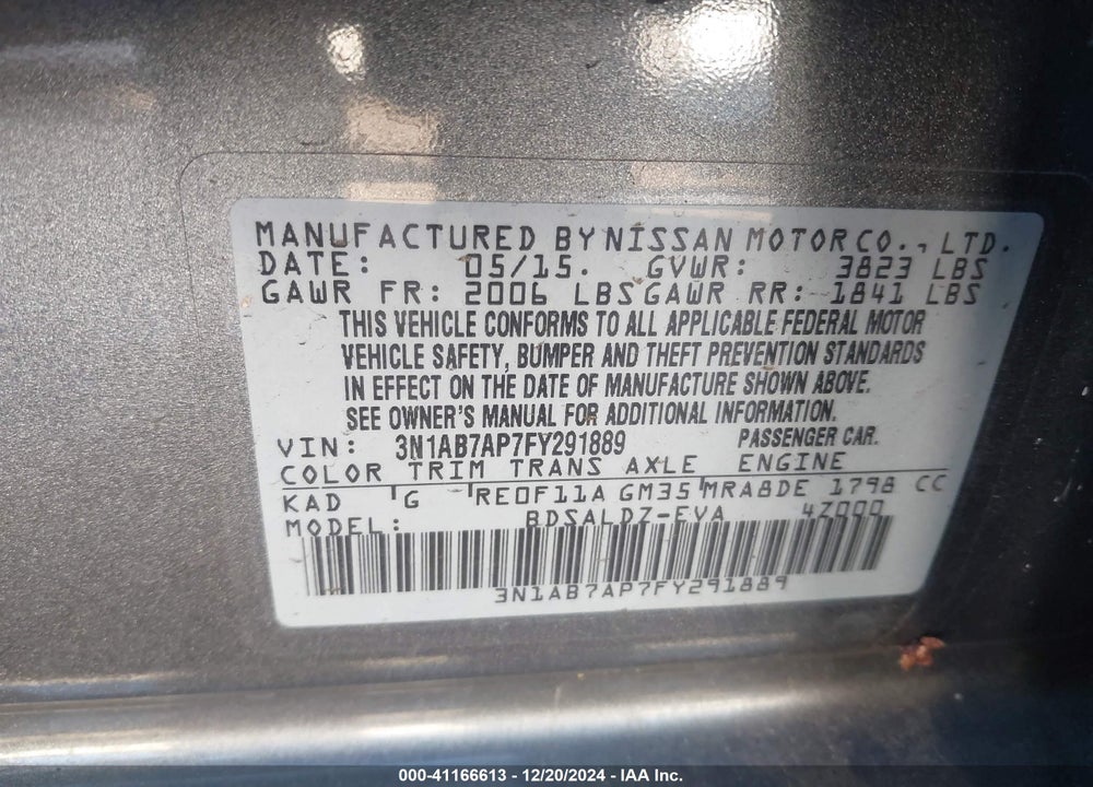 2015 NISSAN SENTRA SV VIN: 3N1AB7AP7FY291889