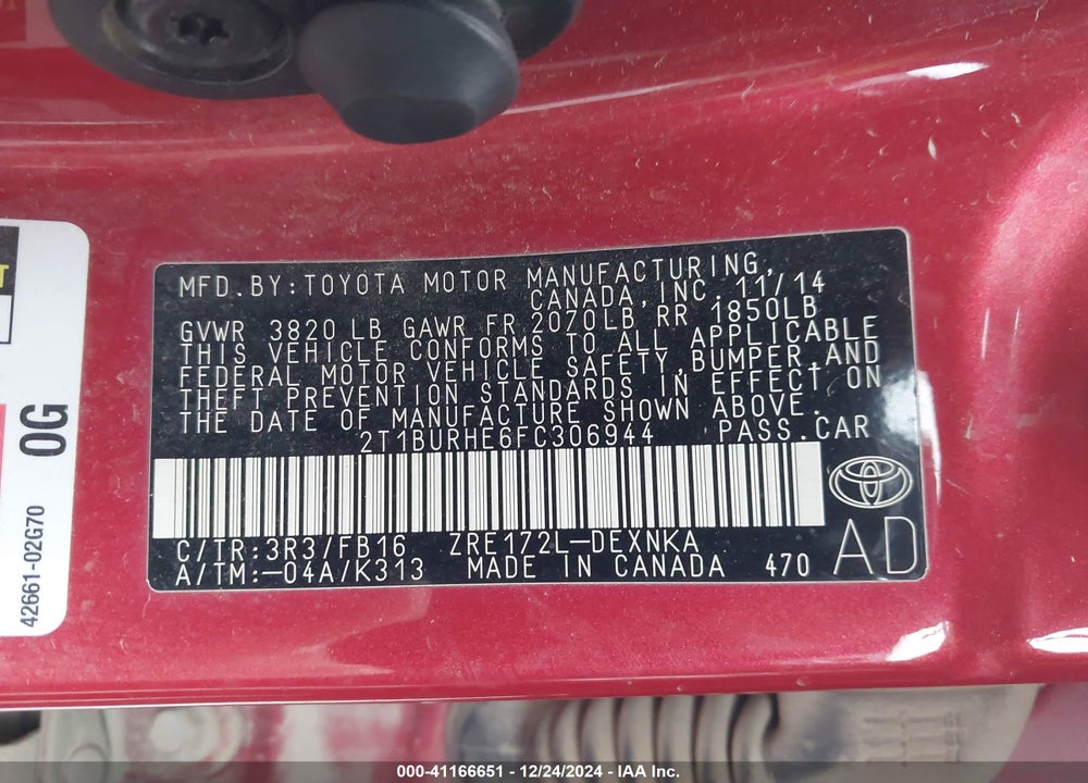 2015 TOYOTA COROLLA VIN: 2T1BURHE6FC306944