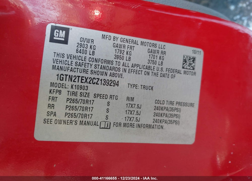 2012 GMC SIERRA 1500 WORK TRUCK VIN: 1GTN2TEX2CZ139294