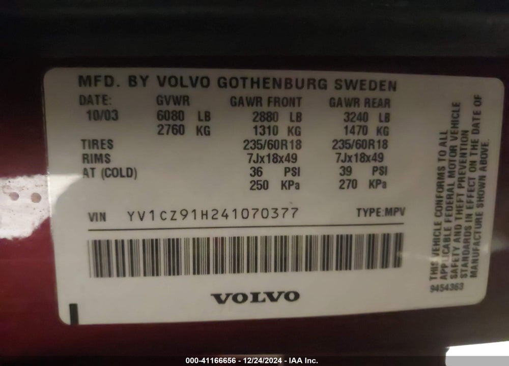 2004 VOLVO XC90 T6 VIN: YV1CZ91H241070377