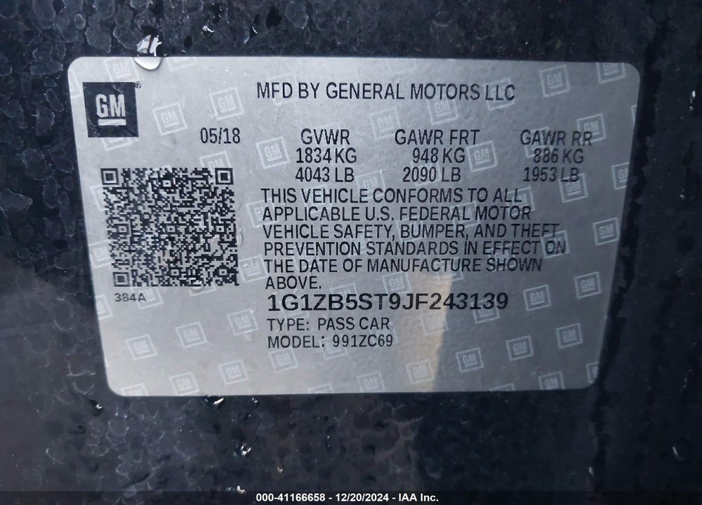 2018 CHEVROLET MALIBU VIN: 1G1ZB5ST9JF243139