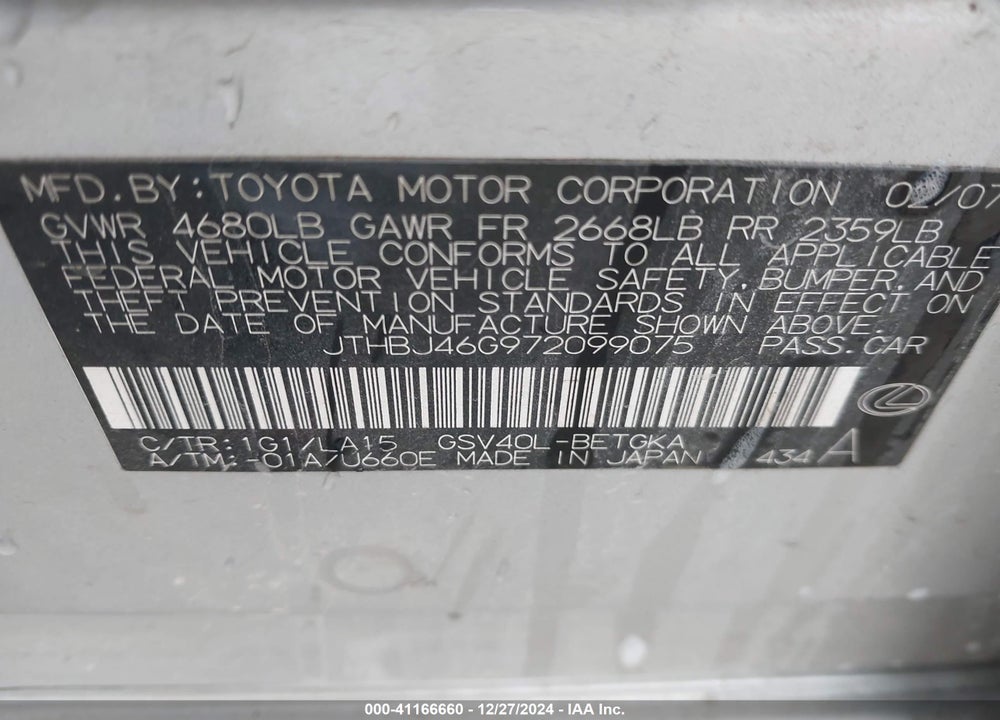2007 LEXUS ES 350 VIN: JTHBJ46G972099075