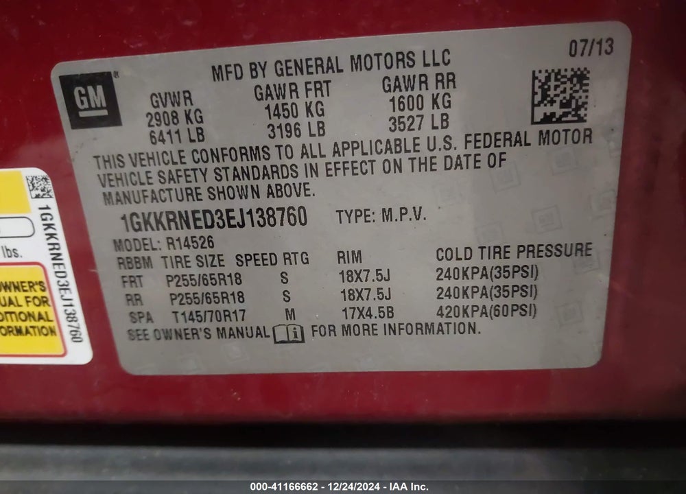 2014 GMC ACADIA SLE-1 VIN: 1GKKRNED3EJ138760