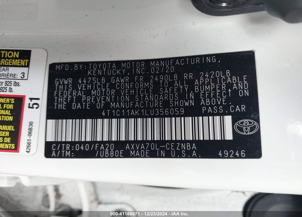 2020 TOYOTA CAMRY VIN: 4T1C11AK1LU356059