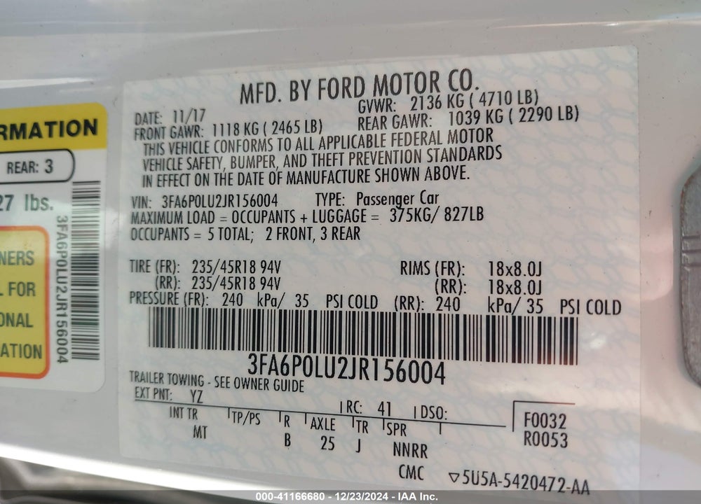 2018 FORD FUSION HYBRID VIN: 3FA6P0LU2JR156004