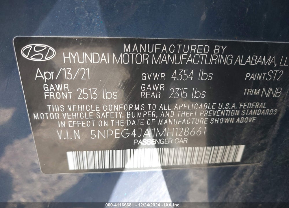 2021 HYUNDAI SONATA SE VIN: 5NPEG4JA1MH128661
