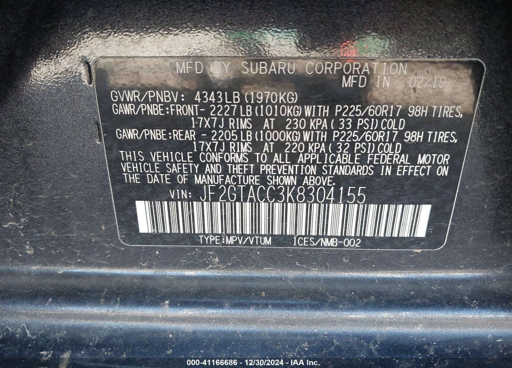 2019 SUBARU CROSSTREK 2.0I PREMIUM VIN: JF2GTACC3K8304155