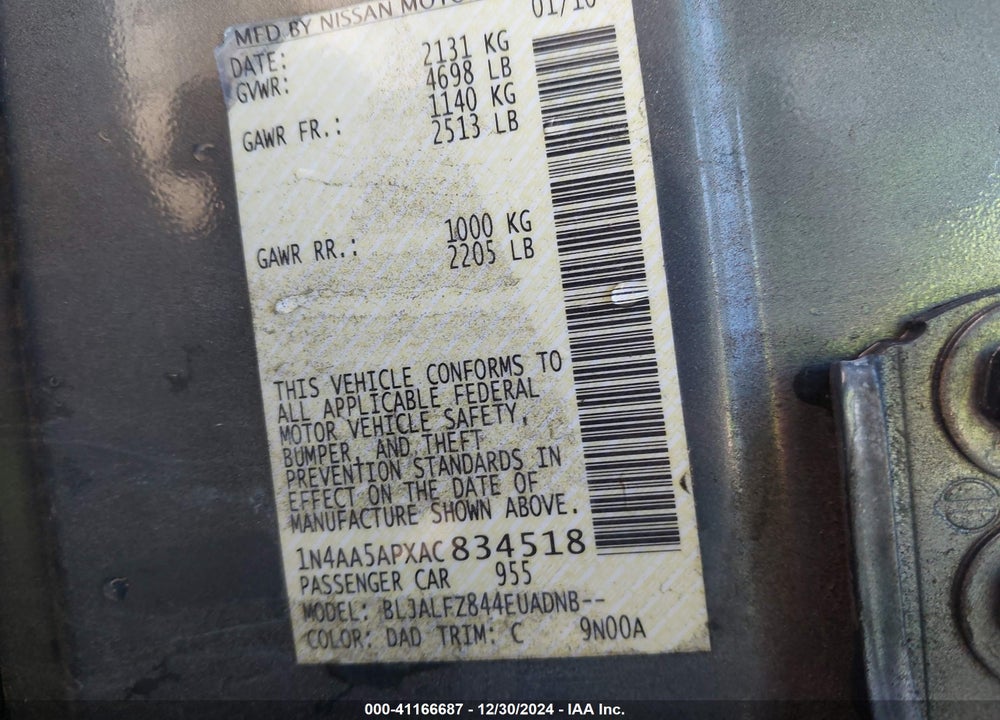 2010 NISSAN MAXIMA 3.5 SV VIN: 1N4AA5APXAC834518