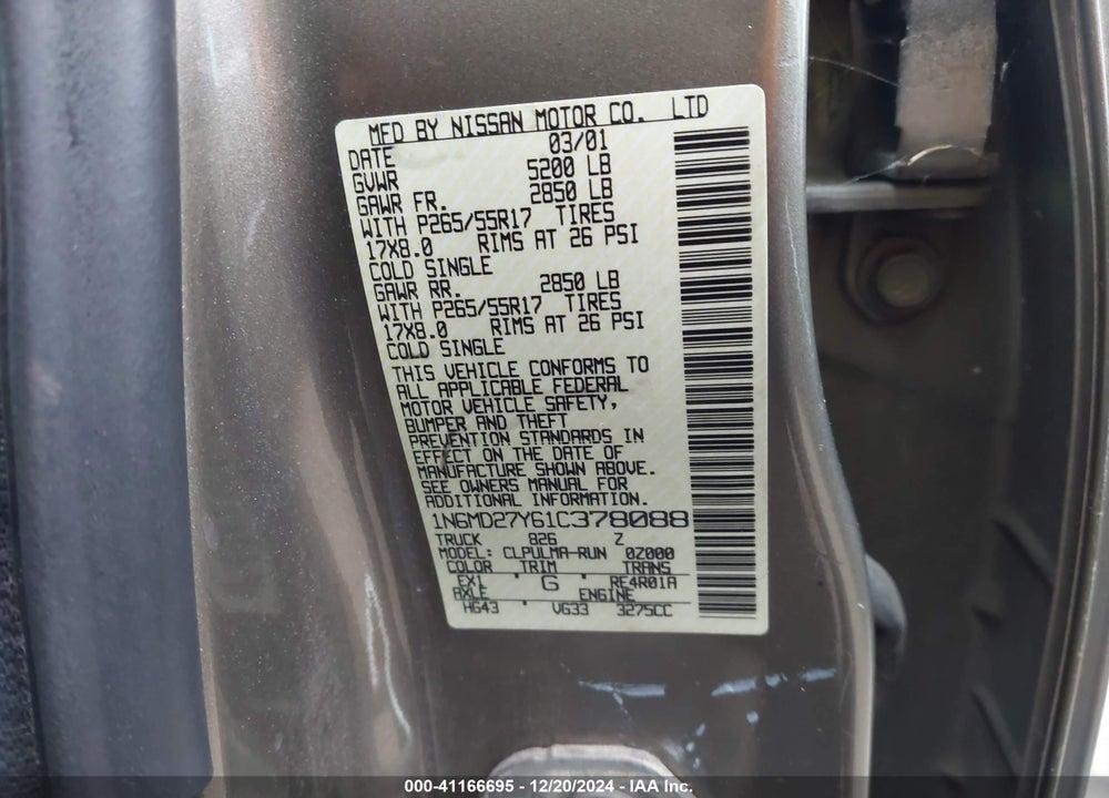 2001 NISSAN FRONTIER SC-V6 VIN: 1N6MD27Y61C378088