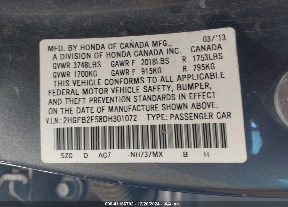 2013 HONDA CIVIC LX VIN: 2HGFB2F58DH301072