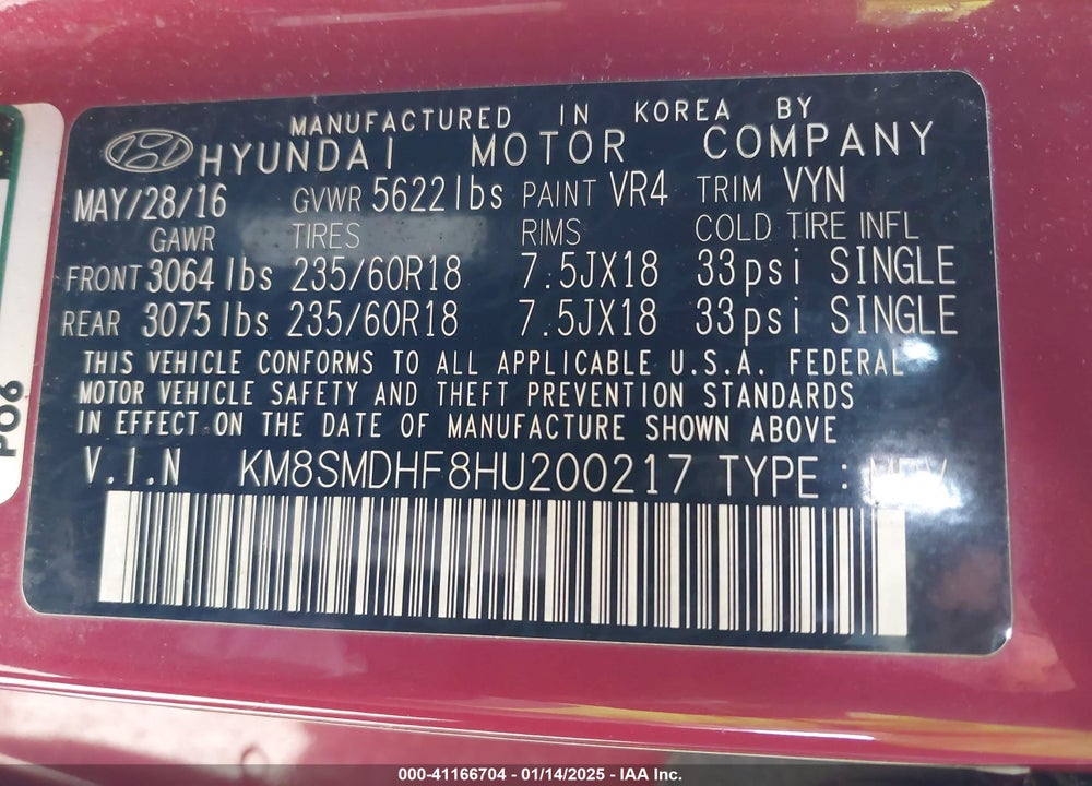 2017 HYUNDAI SANTA FE SE VIN: KM8SMDHF8HU200217