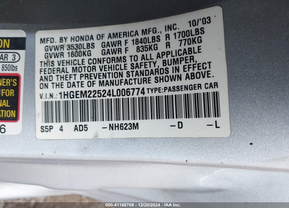 2004 HONDA CIVIC LX VIN: 1HGEM22524L006774
